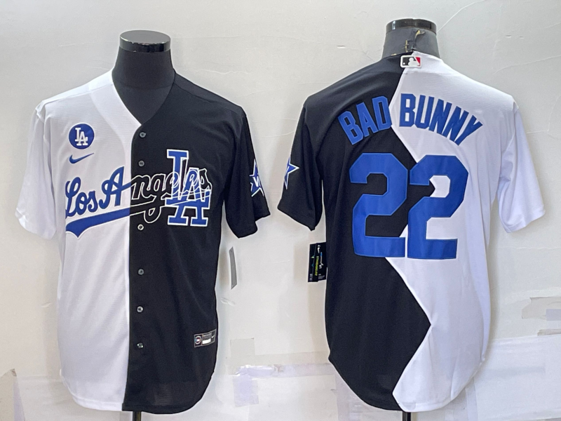 Men's Los Angeles Dodgers #22 Bad Bunny 2022 All-Star White/Black Split Cool Base Stitched Baseball Jersey Men's Los Angeles Dodgers #22 Bad Bunny 2022 All-Star White/Black Split Cool Base Stitched Baseball Jersey